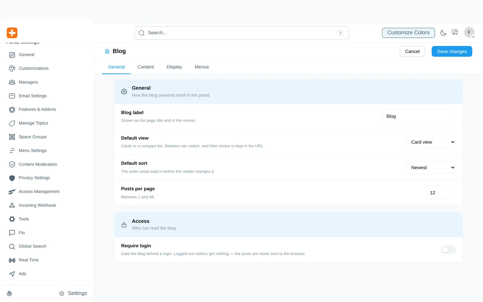 Blog settings — views, sorting, and access control
