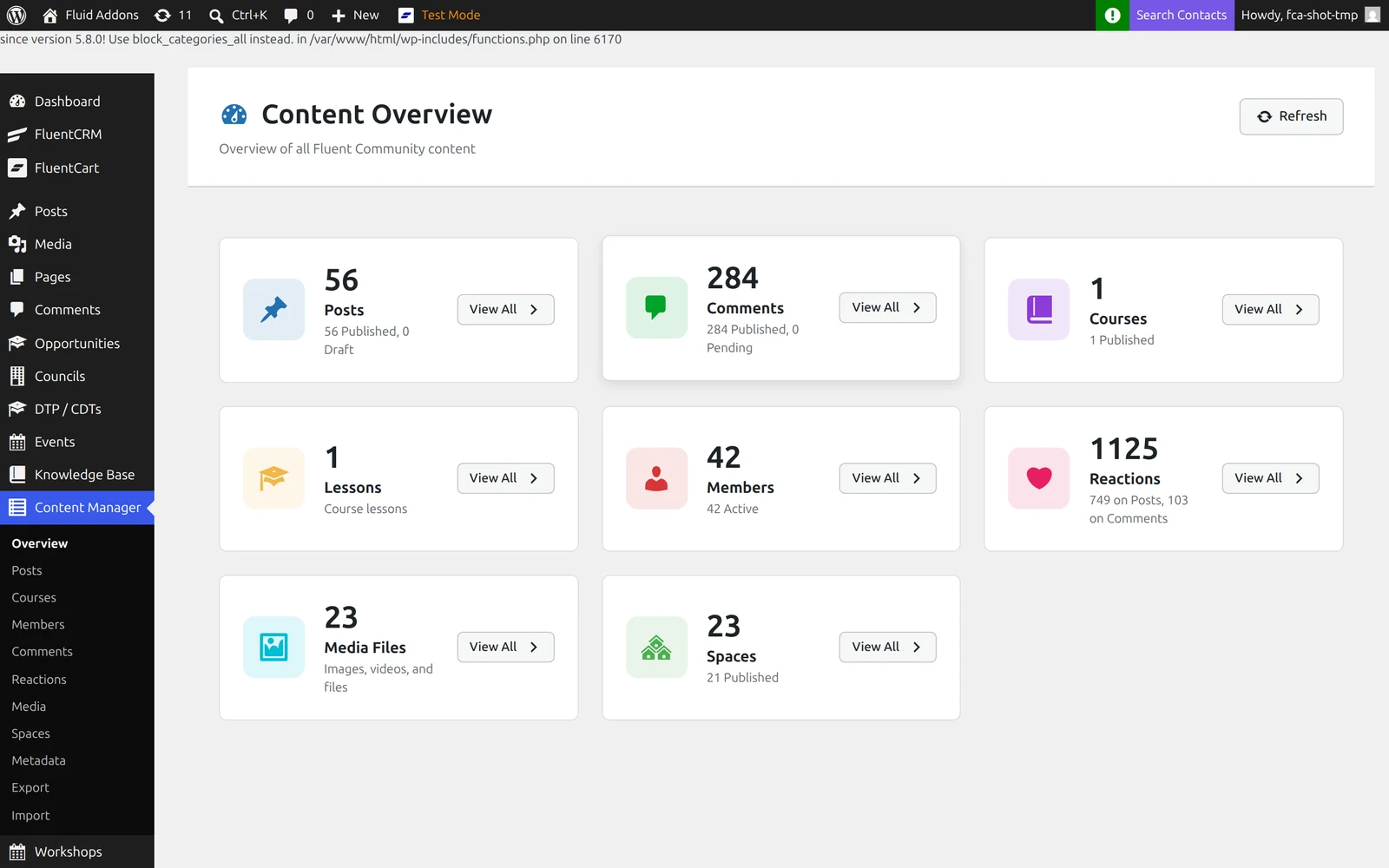 The content overview dashboard — every data type at a glance