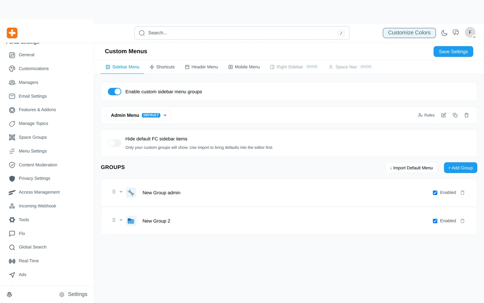 The menu editor — sidebar groups, shortcuts, header and mobile menus