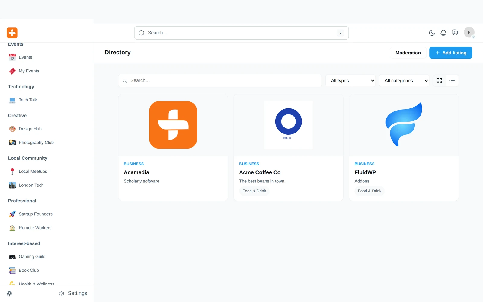 A member-facing directory with categories and filtering