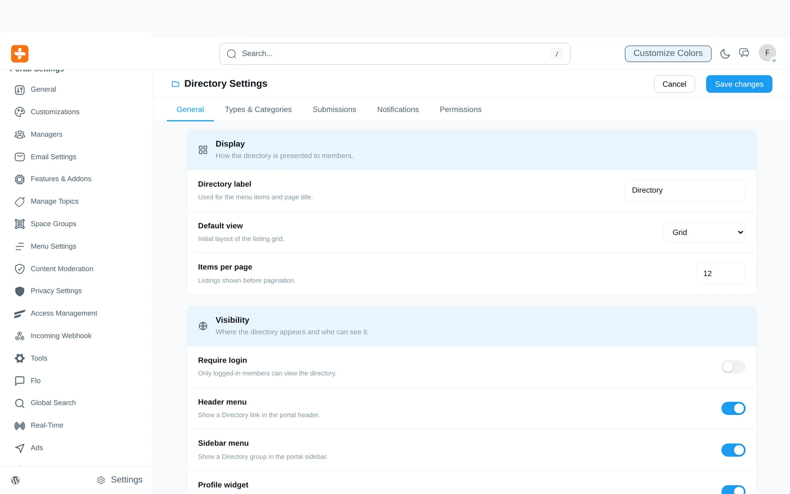 Directory display, visibility, and submission settings
