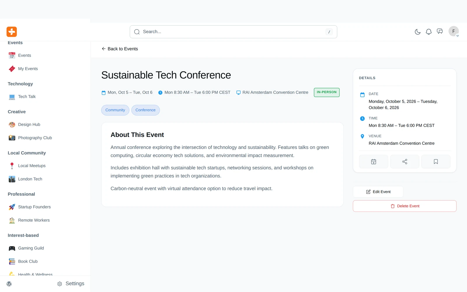A single event page with details, registration, and sharing