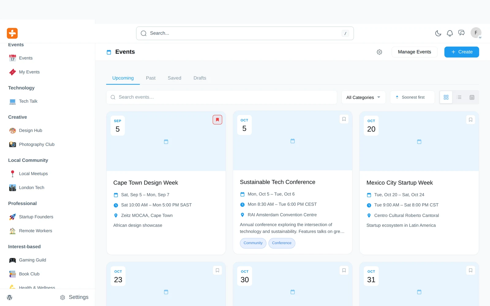 The events calendar — upcoming events with categories