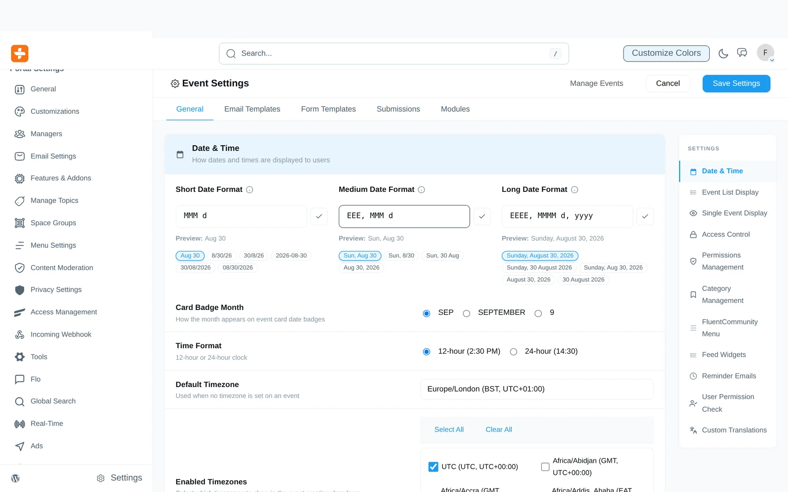 Deep configuration — date formats, timezones, permissions, and modules