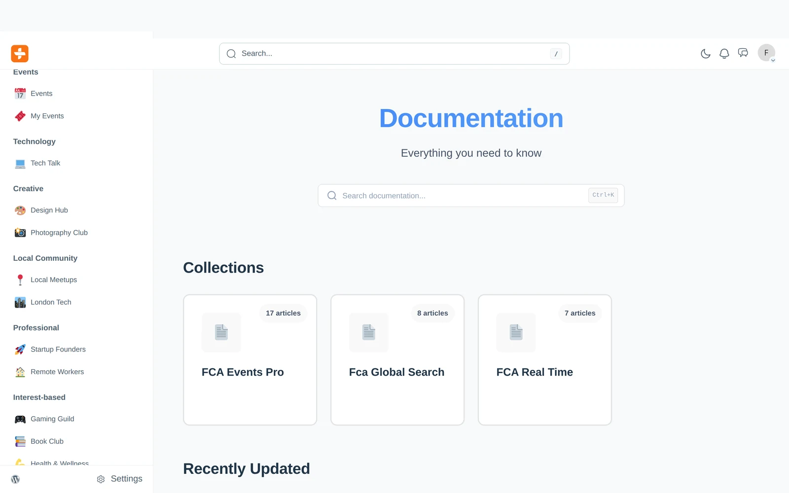 The documentation home — search plus organized collections