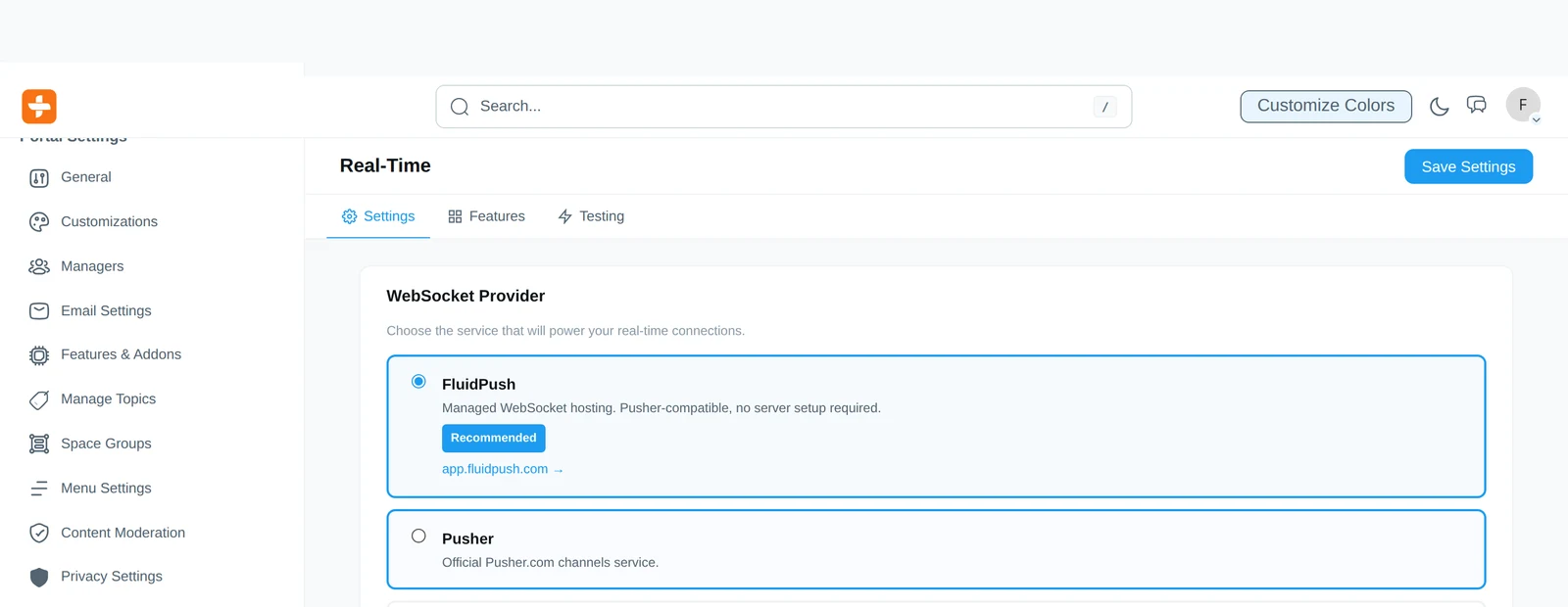 WebSocket provider setup — FluidPush, Pusher, or custom server