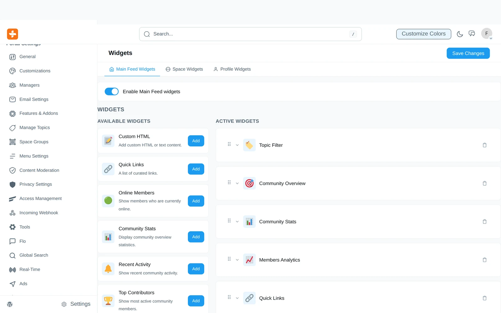 Main feed widgets — drag from available to active