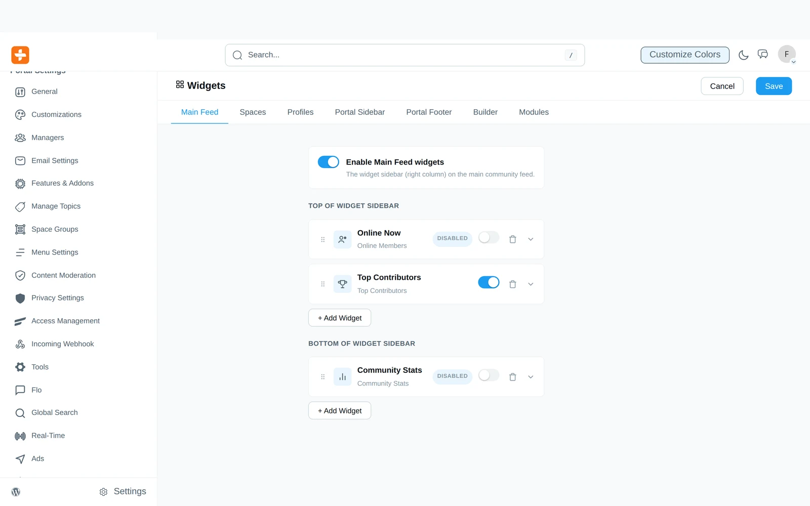 Preset widgets for feed, spaces, and profile sidebars